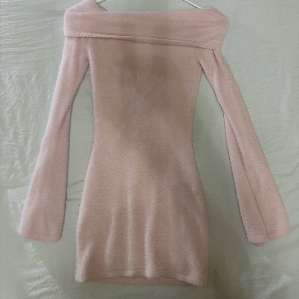 White Fox Boutique Blush Pink Off-Shoulder Fuzzy Bodycon Dress - Picture 2 of 3
